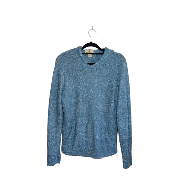 Woolrich Peacock Heather Blue Popcorn Knit V-neck Hooded Sweater Medium Women’s - Picture 1 of 11
